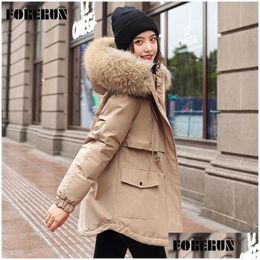 Women'S Down Parkas Womens Winter Coat Women Fleece Cotton Padding Fur Hooded Slim Waist Dstring Thick Long Jacket Solid Mujer 2022 Dh0K6