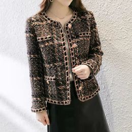 Autumn spring new women's o-neck brown color tweed woolen short jacket coat plus size casacos SMLXLXXL3XL4XL
