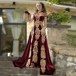 Elegant Arabic Dubai Burgundy Sheath Formal Evening Dresses with Detachable Skirt Appliques Caftan Marocain Kaftan Velvet Women Pr245w