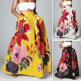 Skirts Celmia Stylish Big Flower Printed Women Elegant High Waist Aline Long Maxi Skirt Casual Loose Party Holiday 230727