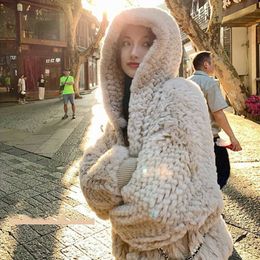 Women's Fur Faux Fur Faux Fur Coat Women White Faux Rabbit Fur Hoodie 2022 New Winter High Quality Fleece Warm Long Fluffy Teddy Jacket Coat HKD230727