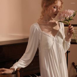 Women's Sleepwear Vintage Autumn Modal Night Dress Princess Nightwear Women Sweet White V Neck Full Sleeve Nightgown Long Nightdress