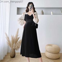 Maternity Dresses Pregnant women's elegant temperature in spring and autumn gentle wind display thin gold velvet long sleep and winter clothing Z230728