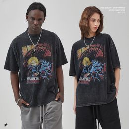 Men's T Shirts Mens Summer Casual Wear Water Washed Anime Graphic Printing T-Shirts Short-sleeved Oversized High Street For Men