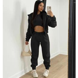 Women's Two Piece Pants Wepbel 3pcs Sets Outfits Hooded Sports Tank Tops Brushed Hoody Outwear Women Tracksuits High Waist Jogging Trousers
