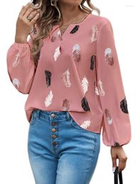 Women's Blouses Spring Summer Ladies Elegant Feather Printed T-Shirt 2023 Women Casual V Neck Pullover Tops Female Loose Lantern Sleeve Tees