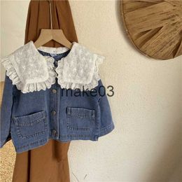 Jackets deer jonmi 2022 Spring Baby Girls Denim Coats Lace Collar Korean Style Kids Casual Chic Outerwear Children Clothes J230728