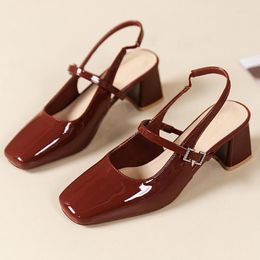 Delicate dress shoes High heels Mary Jane simple sandals Women red patent leather slingbacks square head thick with elegant solid color everything