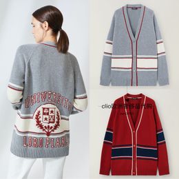 Womens Sweaters Spring loro Long Sleeve V Neck Cashmere Letter Sweater Cardigans Red Gray piana