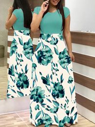 Casual Dresses Lady Fashion Summer Women's Flower Print Color Block Dress Short Sleeve Long Woman Female Party Clothing