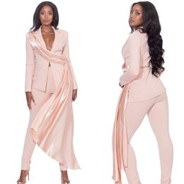 Light Pink Girls Pants Suits Designer Pleats Belt Women Formal Party Prom Evening Slim Fit Wear 2 Pieces