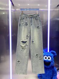 Jeans caldi nuova moda jean donna casual jeans firmati pantaloni stampati lettera gamba larga scava fuori abiti con cerniera ricamo pantaloni denim dritti