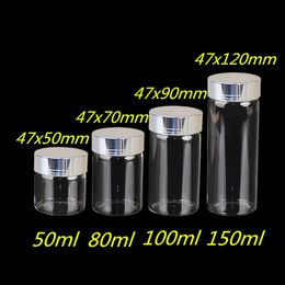 Whole- 50ml 80ml 100ml 150ml Large Glass Bottles with Silver Screw Caps Empty Spice Bottles Jars Gift Crafts Vials 24pcs 288o