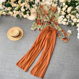 Women's Two Piece Pants The Chiffon Printing Crossover V-neck A Chip Show Thin Coat Of Tall Waist Wide-legged Suit Two-piece Outfit