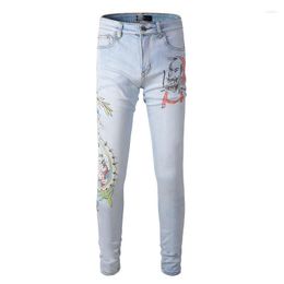 Men's Jeans Blue Streetwear Fashion Slim Fit Hollow Out Damaged Holes Printing Letters Angel Pattern Printed Skinny Stretch