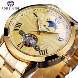 Forsining Golden Men Mechanical Wristwatch 3D Dial Automatic Tourbillon Moonphase Full Steel Big Watches Clock Relogio Masculino2319