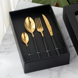 Dinnerware Sets 16PCS Black Gold Set With Gift Box Stainless Steel Cutlery Mirror Silverware Dinner Knife Fork Spoon Tableware