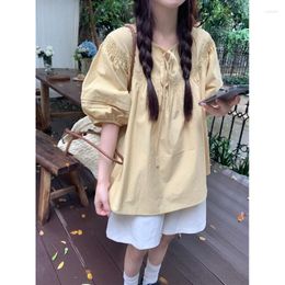 Women's Blouses Korejepo French Bubble Sleeve Top Summer Fashionable Lace Up Shirt Age Reducing Pleated Lazy Leisure Simplicity Tops