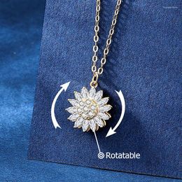 Pendant Necklaces Luxury Fashion Zircon Rotate Daisy Sunflower Choker Necklace Rotating Crystal Flower Stainless Steel Jewelry For Woman