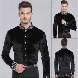 2018 Latin Dance Top Man 165-180cm Ballroom Dance Shirt Black Spandex Velvet Drill Men Dance Shirt Tango Cha Cha Rumba Dancewear227W