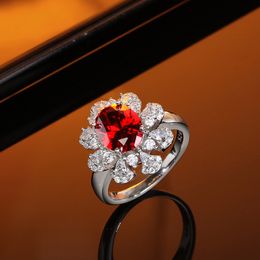 Korean Style Niche Delicate Flower Diamond Ruby Ring S925 Sterling Silver Sweet Petal Ring Versatile Romantic Jewelry Gift