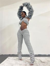 Women's Two Piece Pants Tracksuits Soild Outfits Women 2 Sets Sleeveless Halter Crop Tops And Skinny Grey Leggings Matching Suits 2023