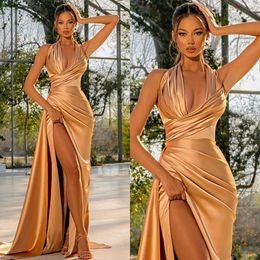 Champagne Gold Elegant Evening Dresses Pleats Halter Party Prom Split Long Dress for special ocn