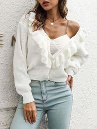 Women's Knits White Knitted Cropped Cardigan Women Elegant Fashion Ruffle Sweater Female Autumn Casual Loose Long Sleeve Single Breasted