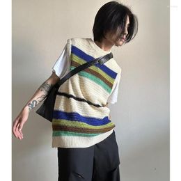 Men's Sweaters Japanese Retro Contrast Colour Hollow Knitted Vest Men Summer Thin Section Loose Casual Harajuku Pullover Ins Striped