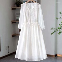 Casual Dresses White Embroidery Long Dress 2023 Summer Elegant Womens V Neck Waist Drawstring Chiffon Female Vintage Loose Vestidos