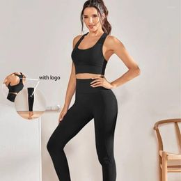 Active Sets Yoga Set With Logo Gym Activewear Two Piece Women's High Waist Leggings Running Breathable Training Wear Sports Bra