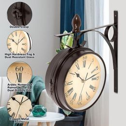 Wall Clocks 8.7'' Unique Style Clock Iron Double-Sided Quiet Vintage Battery Powered Hanging Home Bedroom