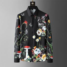 Brand Luxury Rhinestone 3D Floral Printed Men's Shirt Long Sleeved Social Party Tuxedo Dress Shirts Casual Business Men Clothing