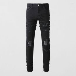 Men's Jeans High Street Fashion Men Black Stretch Skinny Buttons Ripped Leather Patched Designer Hip Hop Brand Pants Hombre