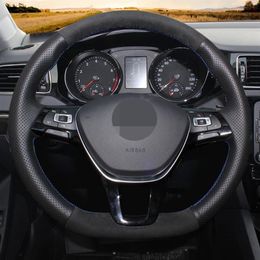 DIY Soft Black Genuine Leather Suede Car Steering Wheel Covers For Volkswagen VW Golf 7 Mk7 New Polo Jetta Passat B8 Tiguan226b