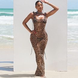 Casual Dresses Mesh Spaghetti Strap Bikini Cover Ups Club Party Robe Beach Dress Women Sexy Leopard Lace Up Backless Bodycon Long Vestidos