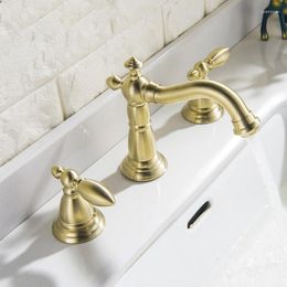 Bathroom Sink Faucets Luxury Brushed Gold Brass Copper Faucet Two Handle Three Hole Basin Perfect Cold Water Mixer