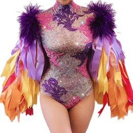 Stage Wear Sparkly Colorful Diamonds Women Leotard Purple Feather Ribbon Bodysuits Nightclub Costumes Drag Queen OutfitStage273k