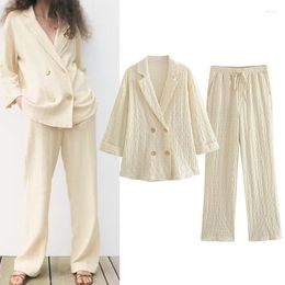 Women's Two Piece Pants Women Suit Elegance Chic Pleated Blazer And Ladies Pant Fashion Beige Female Set Slim Office Lady