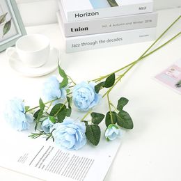 Decorative Flowers 3-Fork Blue Rose Peony Artificial Home Decor Ornaments Garden Flower Wall Wedding El Decoration