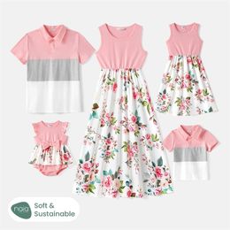 Girl's Dresses PatPat Family Matching Outfits 95 Cotton Short sleeve Colorblock Polo Shirts and Floral Print Naia Spliced Tank Sets 230728