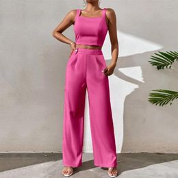 Women's Two Piece Pants 2 Outfits Shorts Set 2023 Fashion Square Neck Linen Tank Vest Crop Top Wide Leg Matching Tracksuit