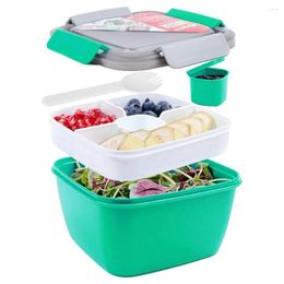 Dinnerware Sets Lunch Bento Box 52OZ Salad Container BPA-Free 3-Compartment For Toppings Bowl With Dressing Spoon Microwave Safe