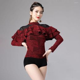 Stage Wear Spring Latin Dance Bodysuit Women Mesh Patchwork Long Sleeve Training Designer Clothes Waltz Tango Ballroom Dancing Costume 6036