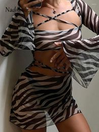 Casual Dresses Nadafair Beach Flare Long Sleeve Zebra Printed Mini Dress Women Sexy Bandage Cut Out See Through Summer 2023 Y2K Party Club