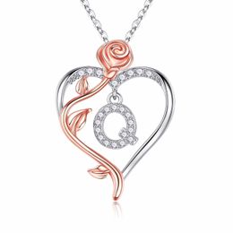 Iefil Rose Heart Necklaces Gifts for Women,925 Sterling Silver Rose Love Heart Initial Letter Pendant Necklace Jewelry Mothers Day Valentines D43213