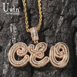 Pendant Necklaces Uwin Name Necklace Custom Baguette Letter Cursive Pendant Iced Out CZ Script Initial Name Tennis Chain Necklace Hiphop Jewellery 230728