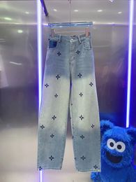 Джинсы для женщин горячее роскошное бренд с высокой талией улицы выпускаются повседневные синие прямые джинсовые штаны