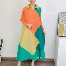 Casual Dresses Pleated Simple Colour Skirt 2023 Spring Polo Collar Fashionable Orange Noble Wide Wife Long Dress