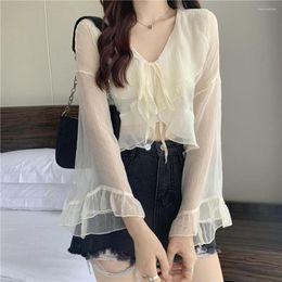 Women's Blouses Women Ruffled Collar Lace-up Summer Sun-protection Breathable Korean Style Sweet Girls Loose All-match Outerwear Female